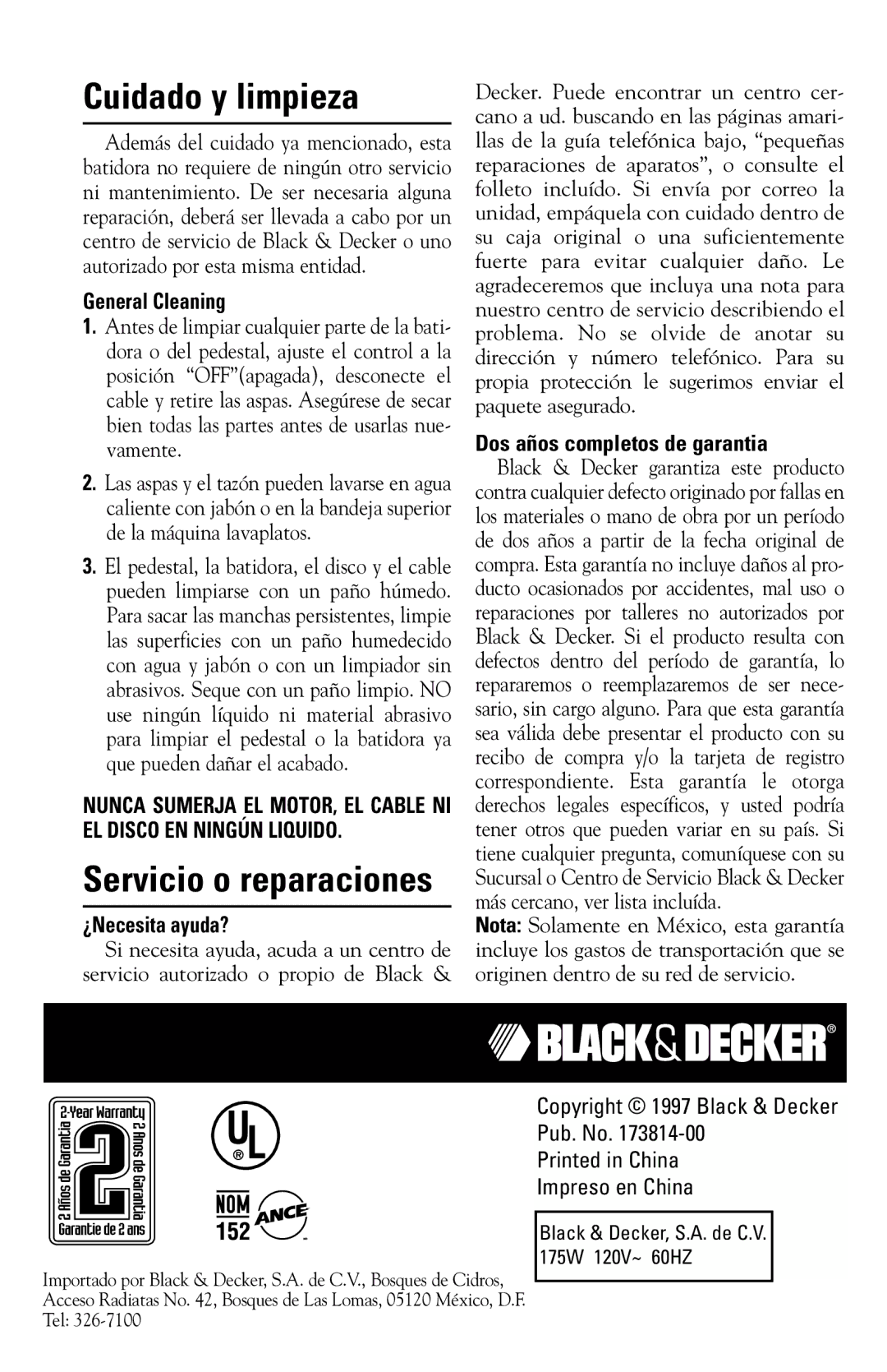 Black & Decker M275 manual Cuidado y limpieza, Servicio o reparaciones, Dos años completos de garantia, ¿Necesita ayuda? 