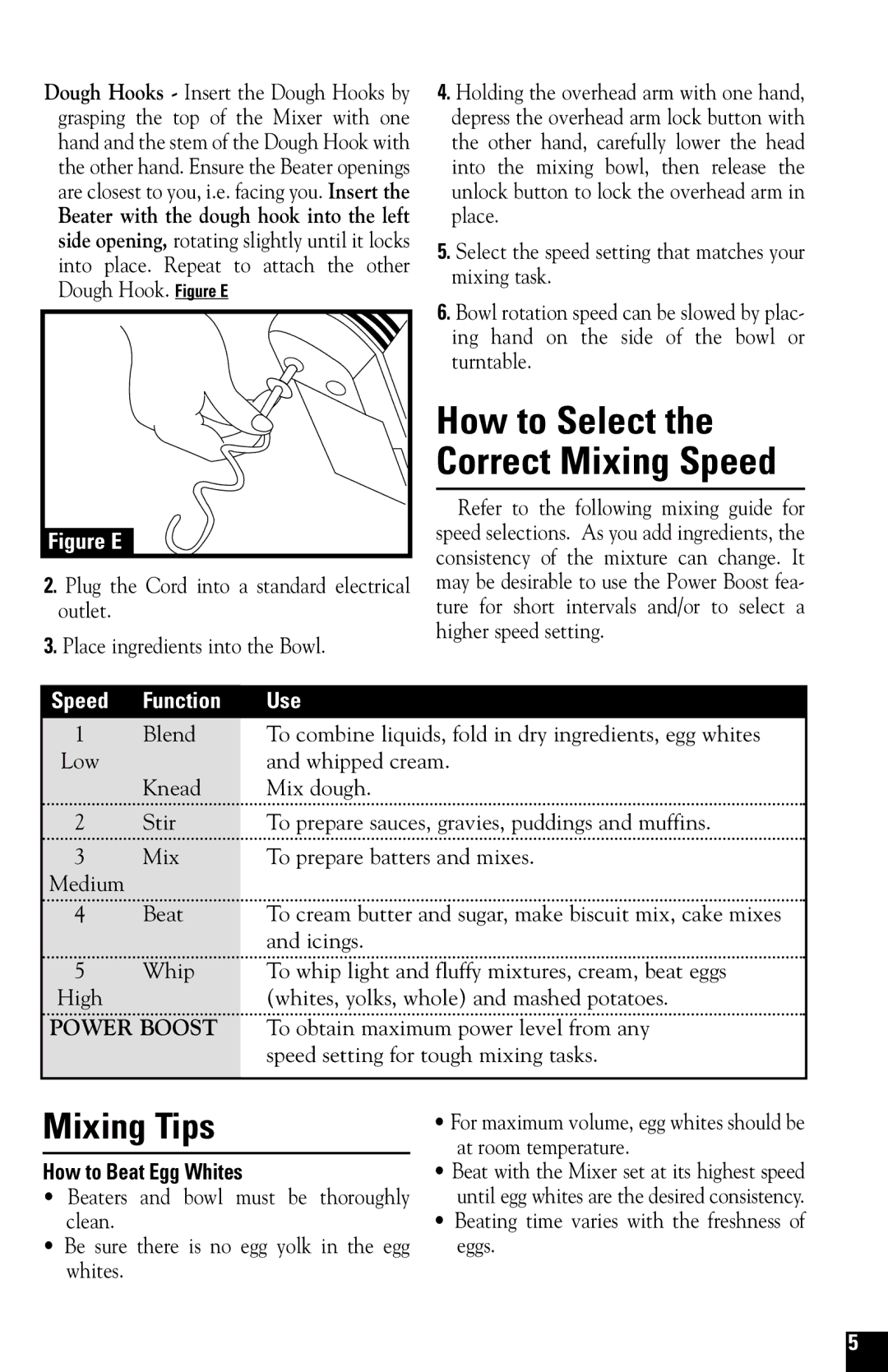 Black & Decker M275 manual Mixing Tips, How to Select the Correct Mixing Speed, How to Beat Egg Whites 