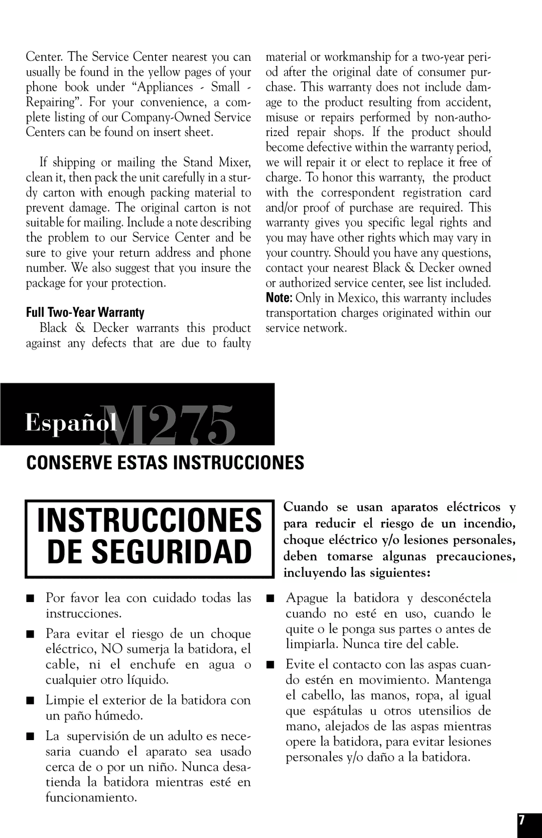 Black & Decker M275 manual Instrucciones DE Seguridad, Full Two-Year Warranty 