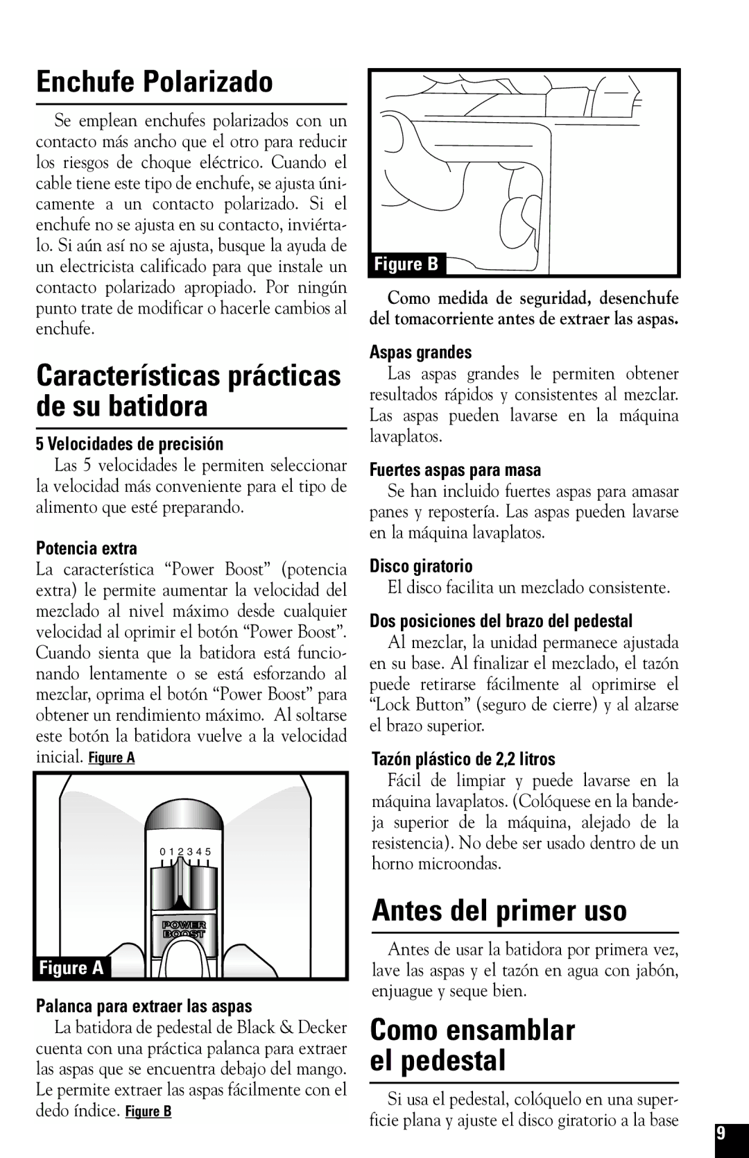 Black & Decker M275 manual Enchufe Polarizado, Antes del primer uso, Características prácticas de su batidora 