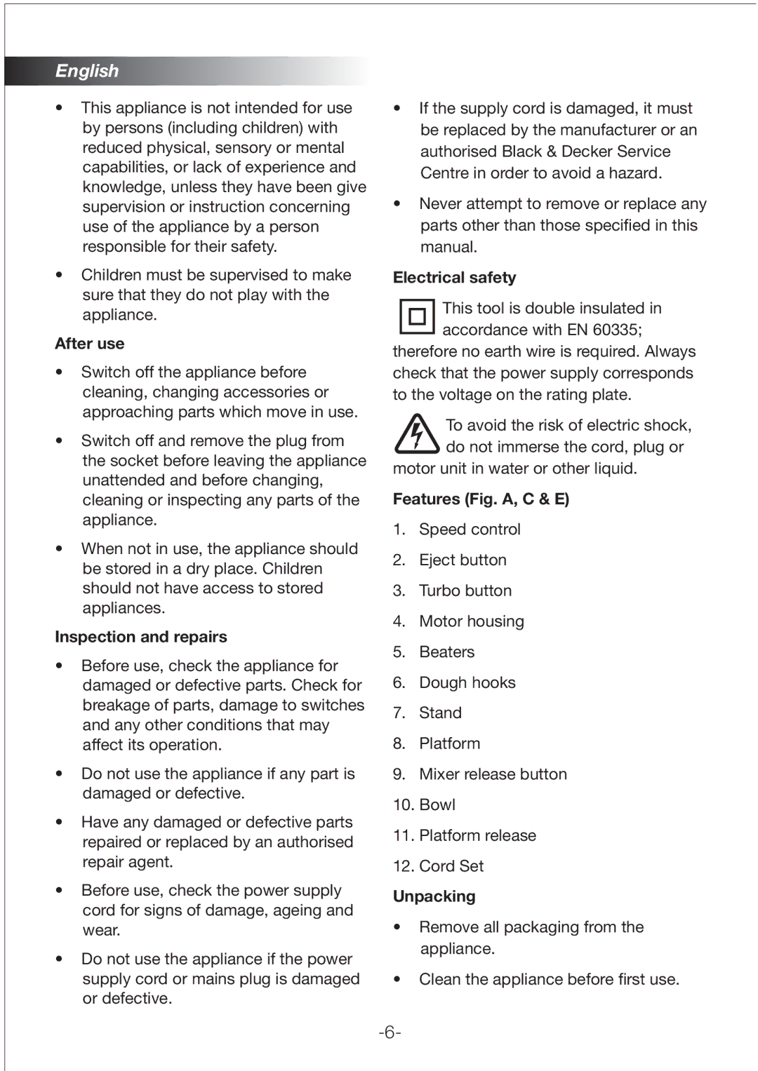 Black & Decker M300 manual After use, Inspection and repairs, Electrical safety, Features Fig. A, C & E, Unpacking 