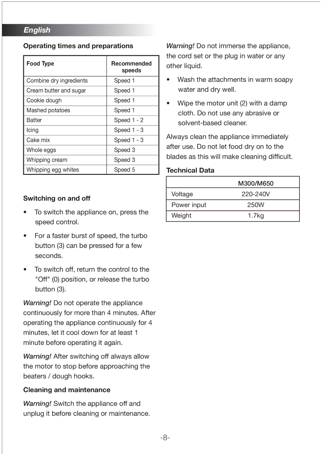 Black & Decker M300 manual Operating times and preparations, Switching on and off, Cleaning and maintenance, Technical Data 