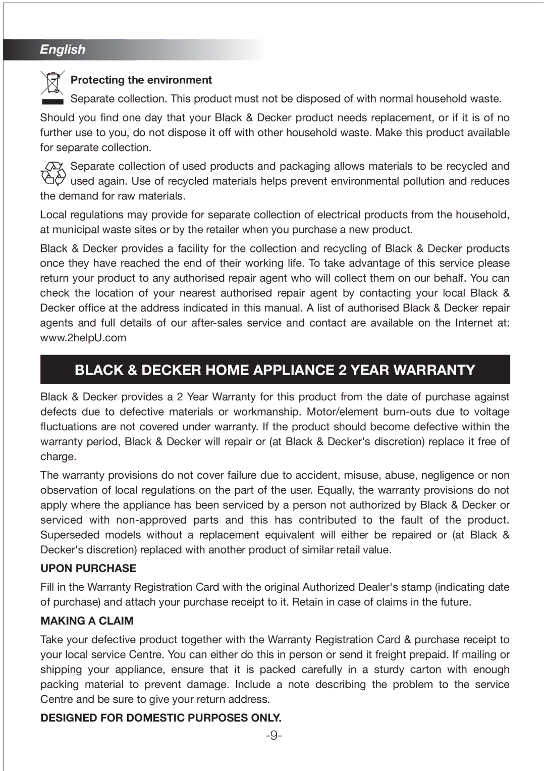 Black & Decker M300 manual Black & Decker Home Appliance 2 Year Warranty, Protecting the environment 