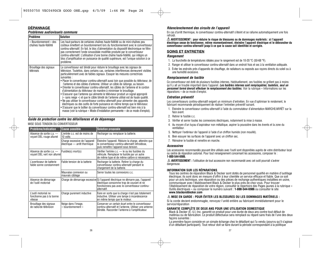 Black & Decker Marine Battery Problèmes audiovisuels communs, Guide de protection contre les défaillances et de dépannage 