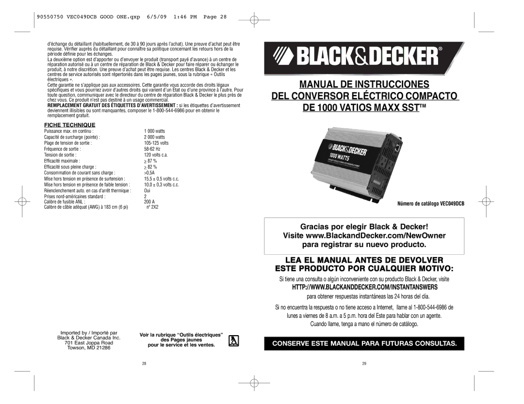 Black & Decker Marine Battery Fiche Technique, Número de catálogo VEC049DCB, Voir la rubrique Outils électriques 