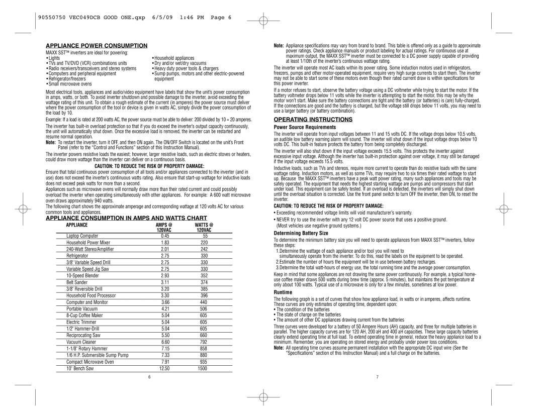 Black & Decker Marine Battery instruction manual Appliance Power Consumption, Appliance Consumption in Amps and Watts Chart 