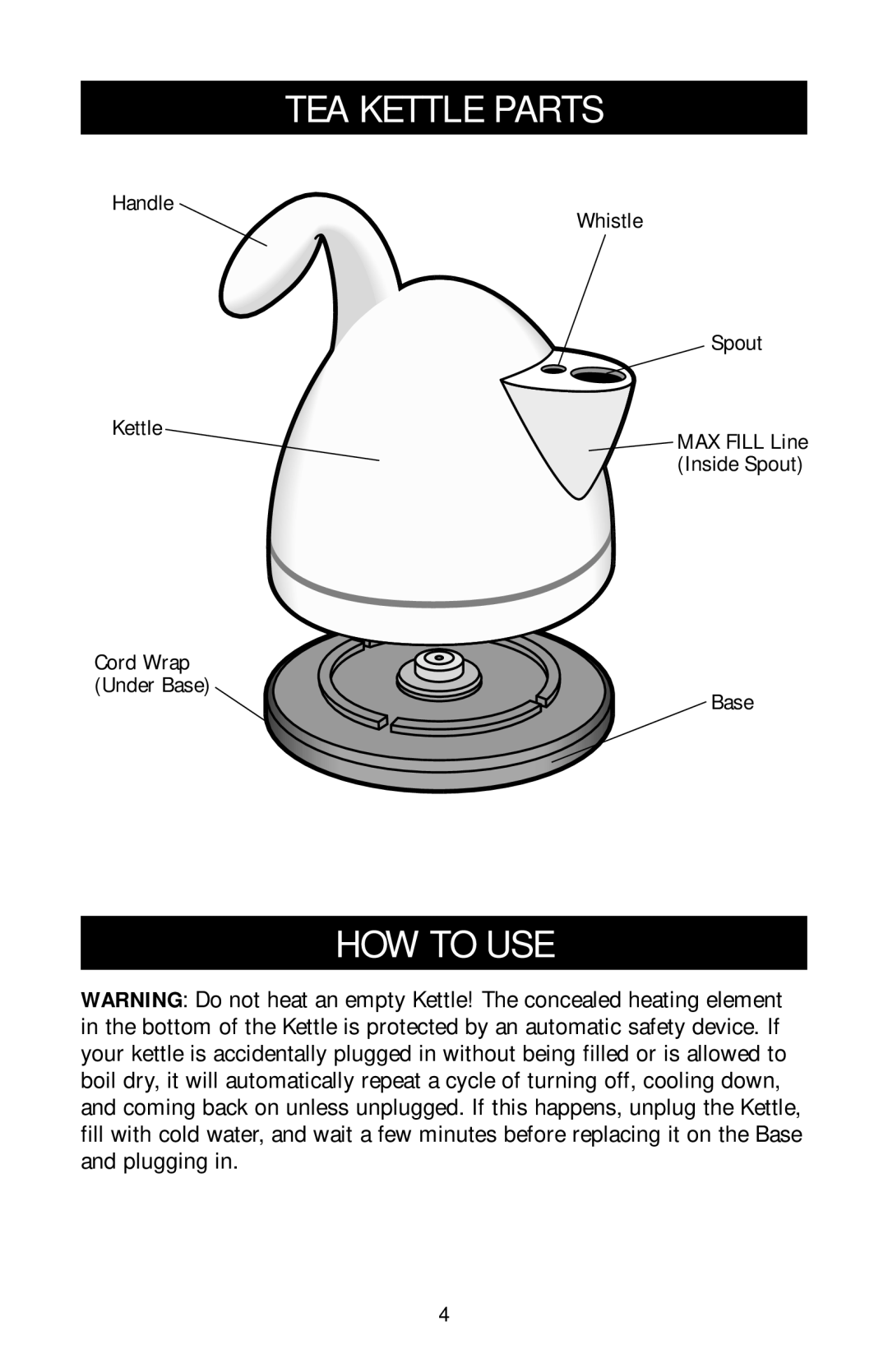 Black & Decker MDG550 owner manual Tea Kettle Parts, How To Use, Handle Whistle, Spout, Cord Wrap Under Base Base 