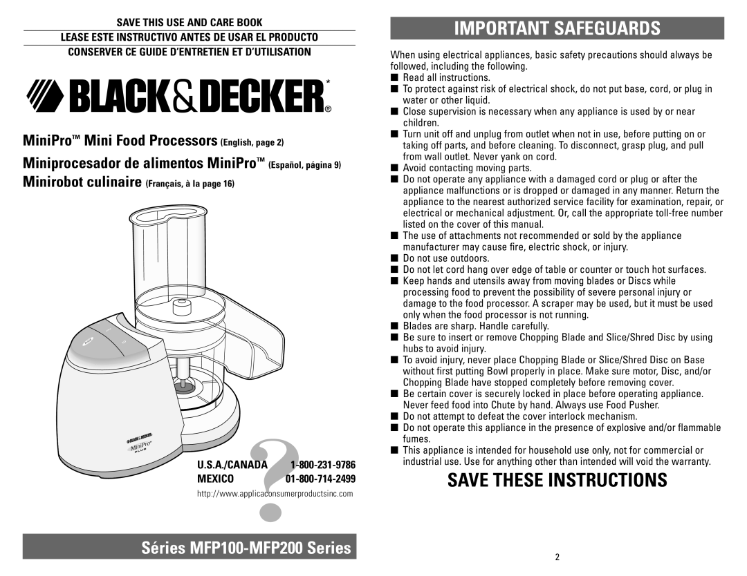 Black & Decker warranty Important Safeguards, Séries MFP100-MFP200 Series, MEXICO01-800-714-2499 