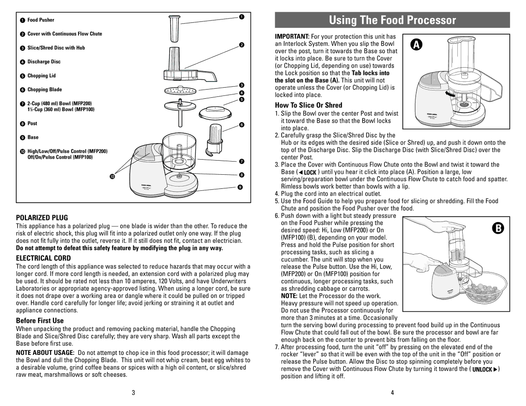 Black & Decker MFP200 Using The Food Processor, Polarized Plug, Electrical Cord, Before First Use, How To Slice Or Shred 