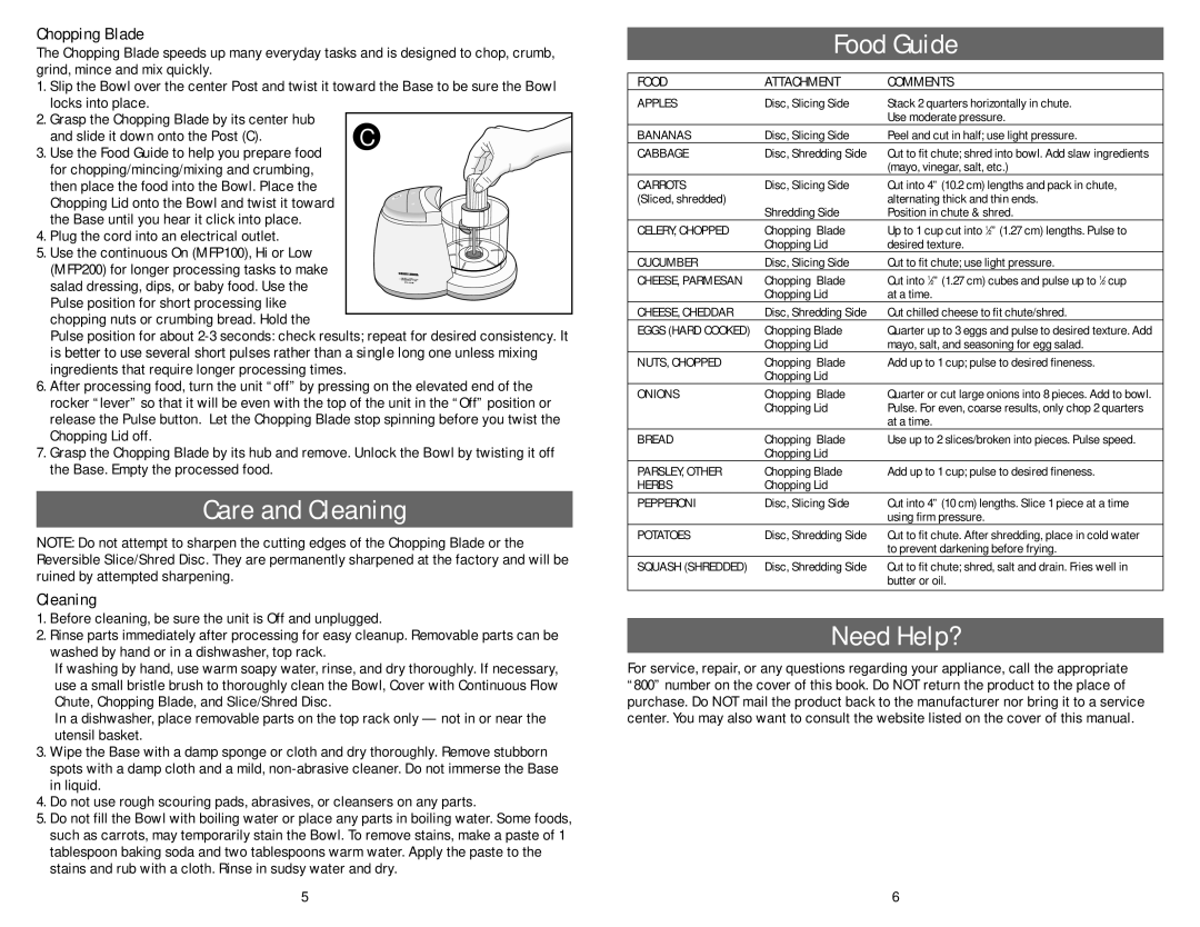 Black & Decker MFP100, MFP200 warranty Care and Cleaning, Food Guide, Need Help?, Chopping Blade 