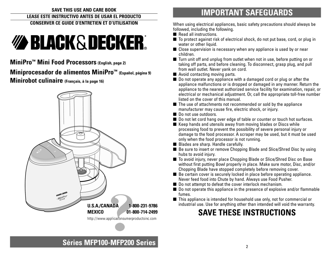 Black & Decker warranty Important Safeguards, Save These Instructions, Séries MFP100-MFP200Series 