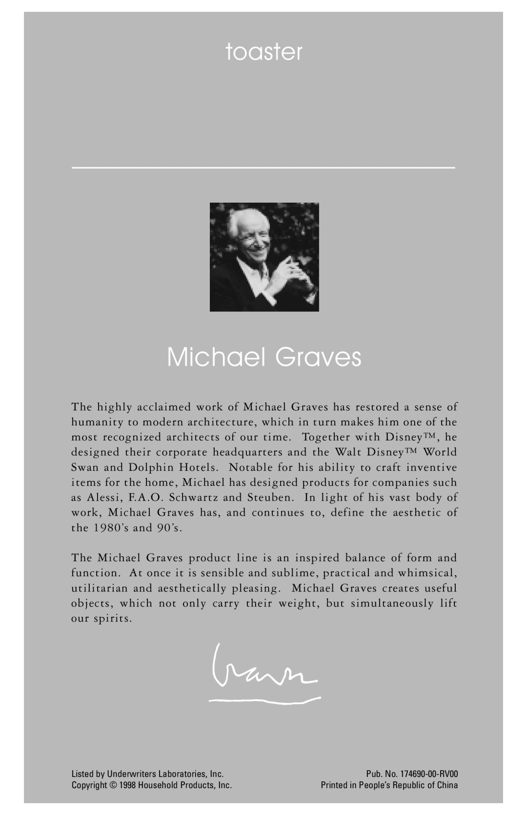 Black & Decker MGD100 owner manual Michael Graves, toaster 
