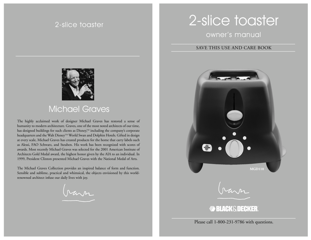 Black & Decker MGD110 owner manual slice toaster, Michael Graves, Save This Use And Care Book 
