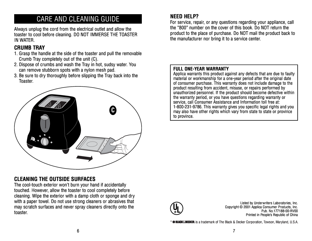 Black & Decker MGD110 owner manual Care And Cleaning Guide, Crumb Tray, Cleaning The Outside Surfaces, Need Help? 