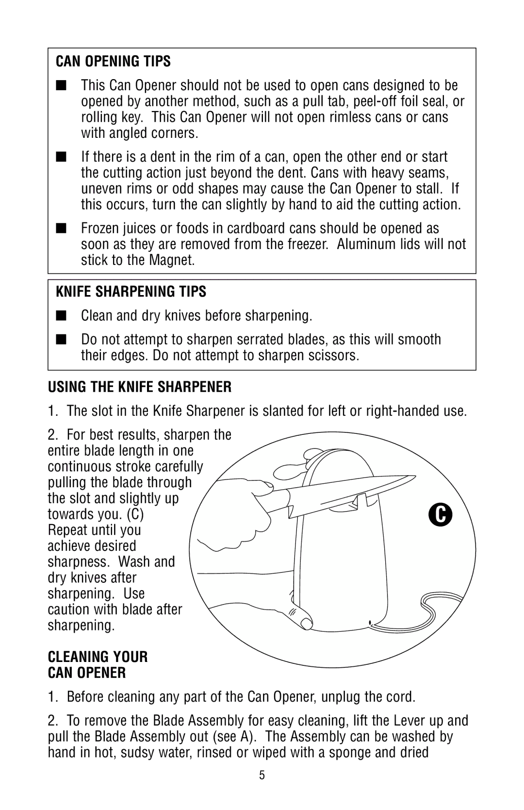 Black & Decker MGD150 Can Opening Tips, Knife Sharpening Tips, Using the Knife Sharpener, Cleaning Your Can Opener 