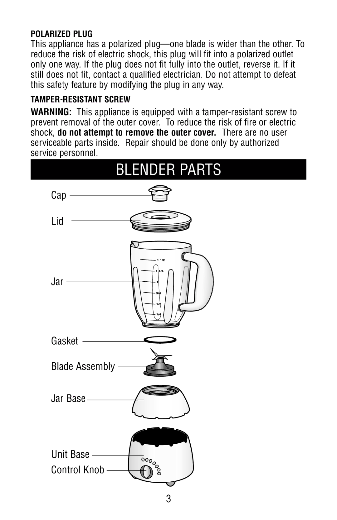 Black & Decker MGD250 owner manual Blender Parts, Polarized Plug, TAMPER-RESISTANT Screw 