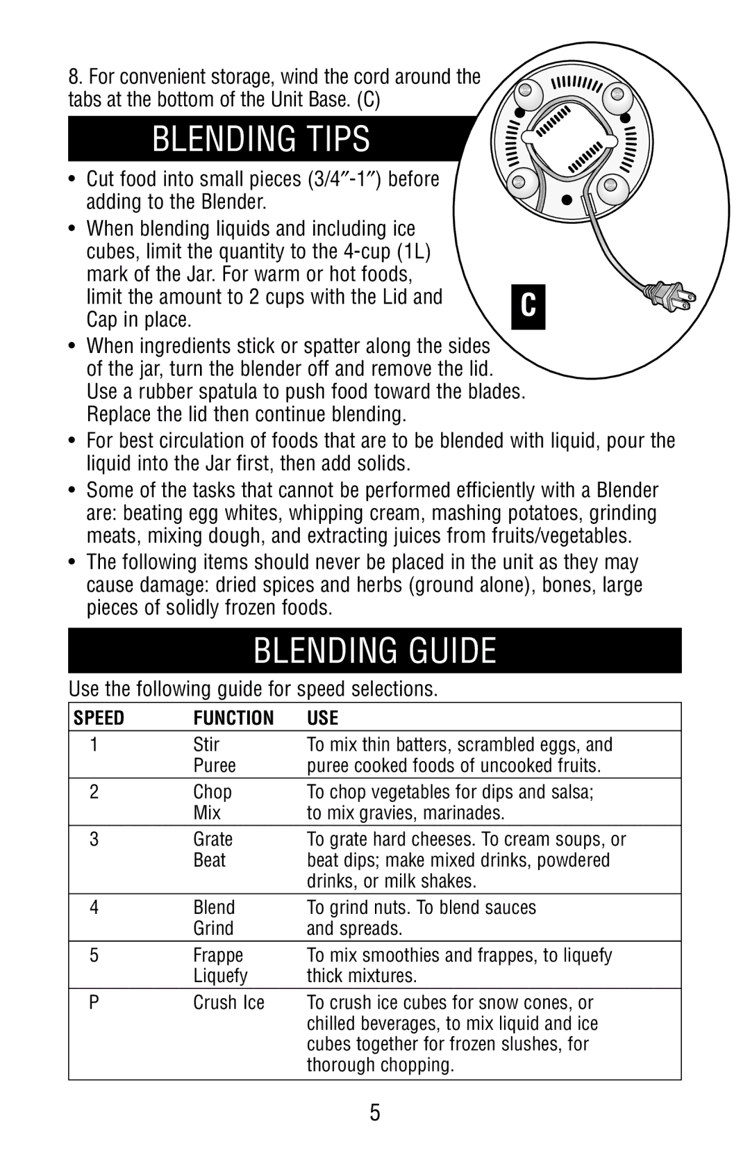 Black & Decker MGD250 Blending Tips, Blending Guide, Use the following guide for speed selections, Speed Function USE 