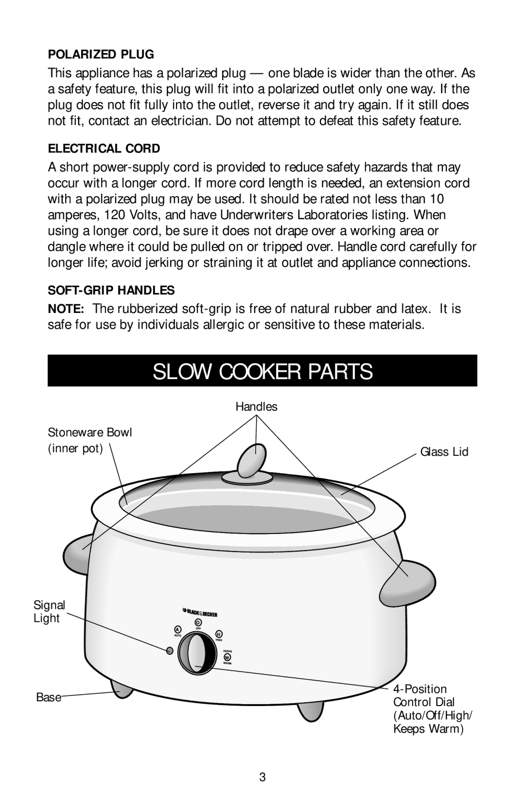 Black & Decker MGD600 owner manual Slow Cooker Parts, Polarized Plug, Electrical Cord, SOFT-GRIP Handles 