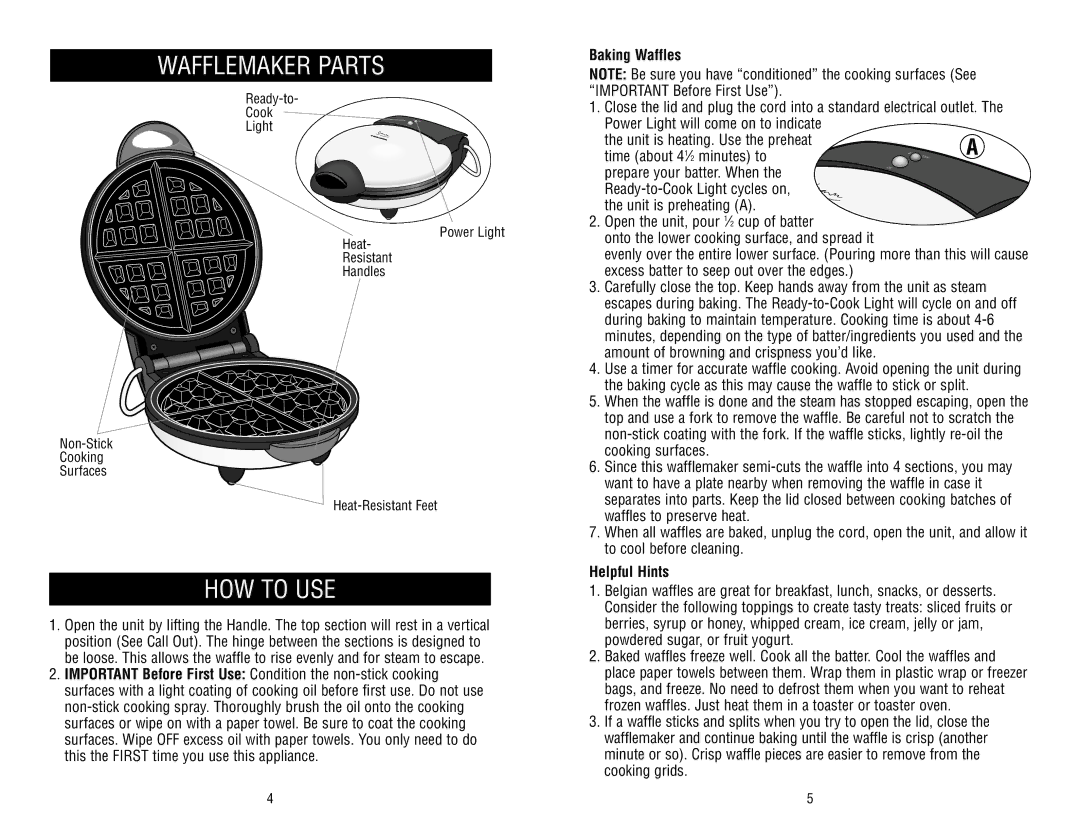 Black & Decker MGD700 owner manual Wafflemaker Parts, HOW to USE, Baking Waffles, Helpful Hints 