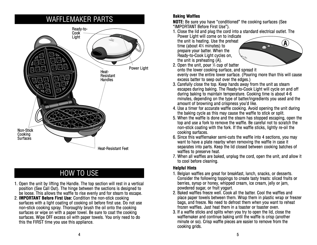 Black & Decker MGD700 owner manual Wafflemaker Parts, How To Use, Baking Waffles, Helpful Hints 