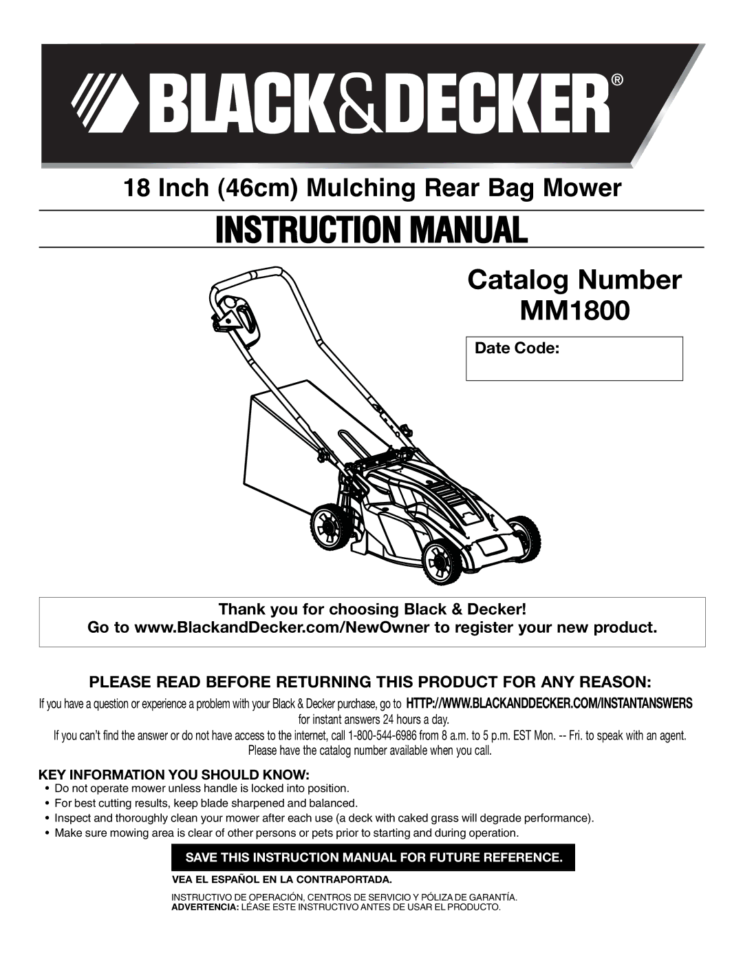 Black & Decker MM1800R, 90552856 instruction manual KEY Information YOU should Know, VEA EL Español EN LA Contraportada 