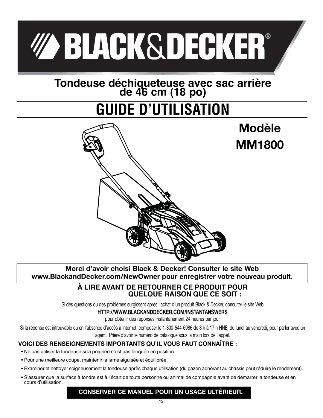 Black & Decker MM1800R, 90552856 instruction manual Guide D’UTILISATION 