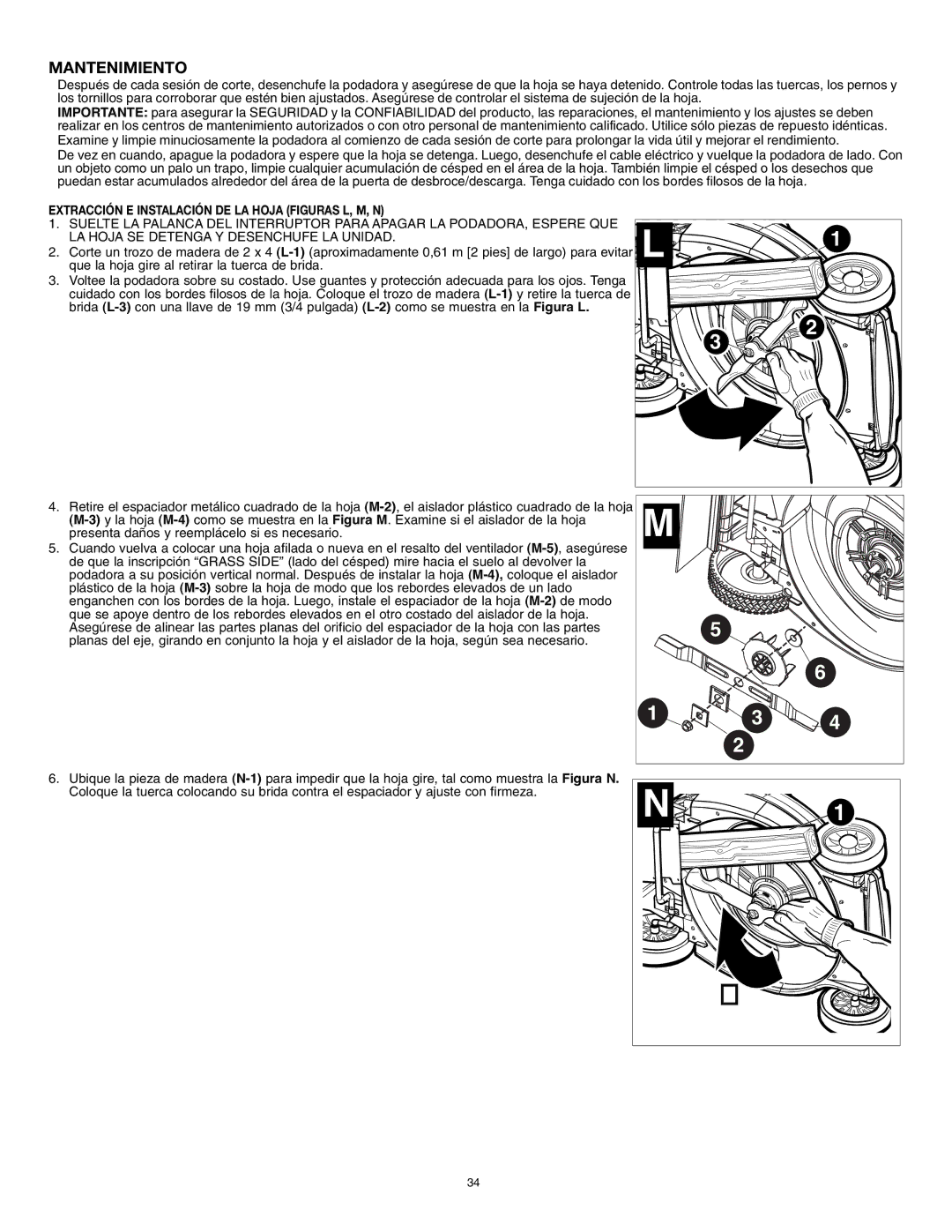 Black & Decker MM1800R, 90552856 instruction manual Mantenimiento, Extracción E Instalación DE LA Hoja Figuras L, M, N 