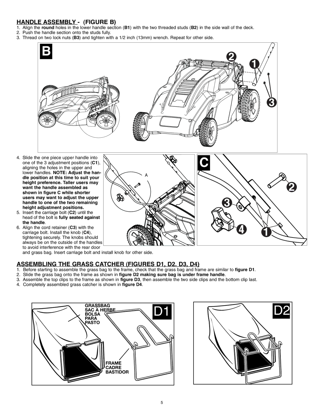 Black & Decker 90552856, MM1800R Handle Assembly Figure B, Assembling the Grass Catcher Figures D1, D2. D3, D4 