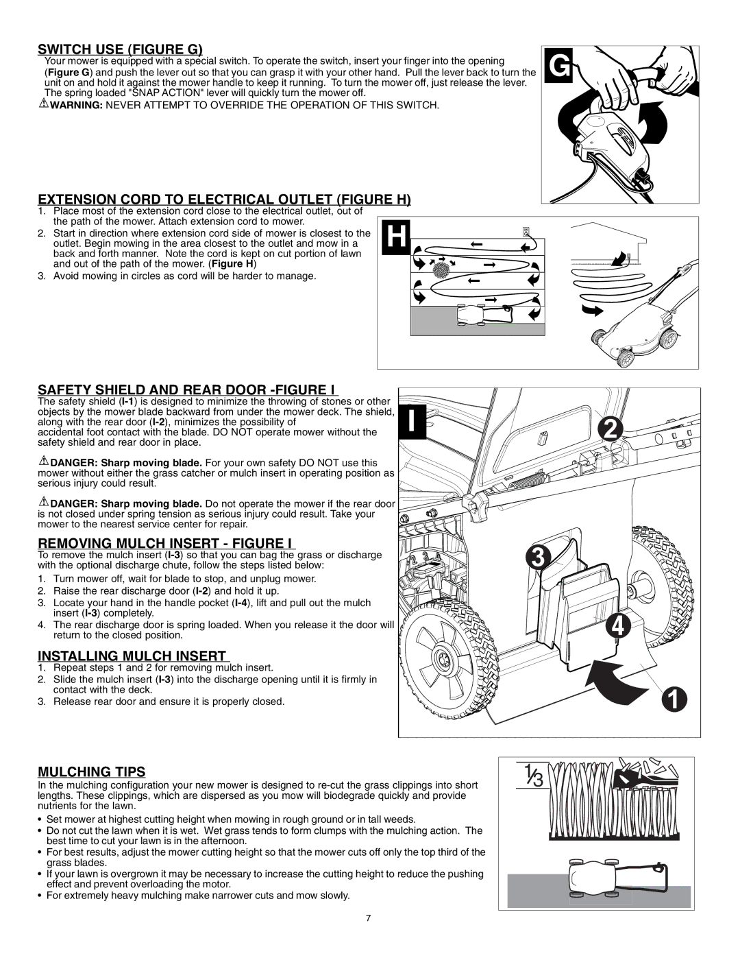 Black & Decker MM1800R Switch USE Figure G, Extension Cord to Electrical Outlet Figure H, Removing Mulch Insert Figure 