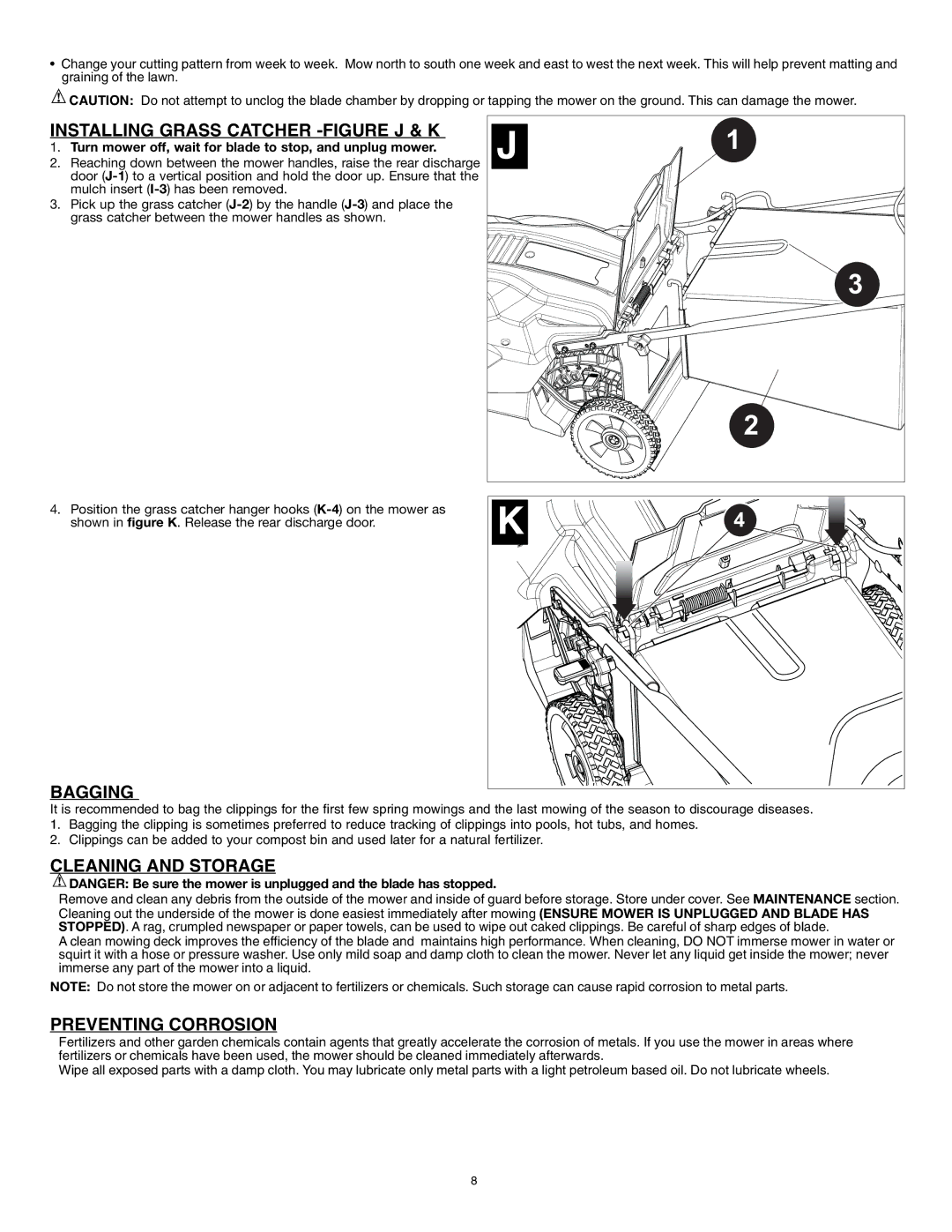 Black & Decker 90552856 Installing Grass Catcher -FIGURE J & K, Bagging, Cleaning and Storage, Preventing Corrosion 