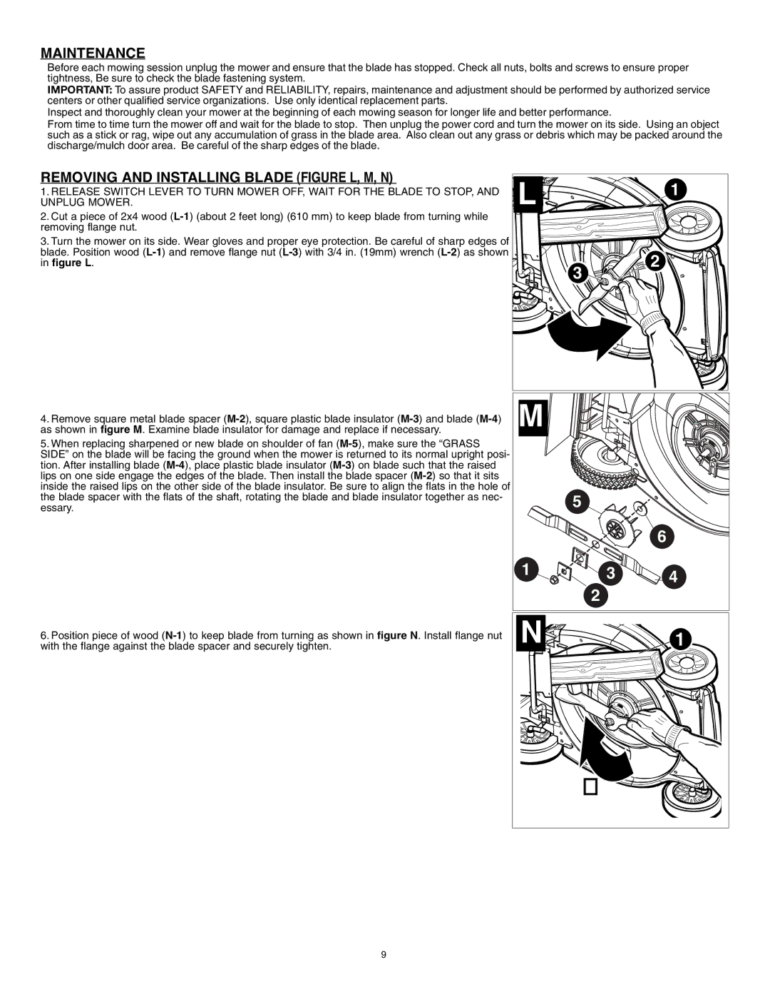 Black & Decker MM1800R, 90552856 instruction manual Maintenance, Removing and Installing Blade Figure L, M, N 