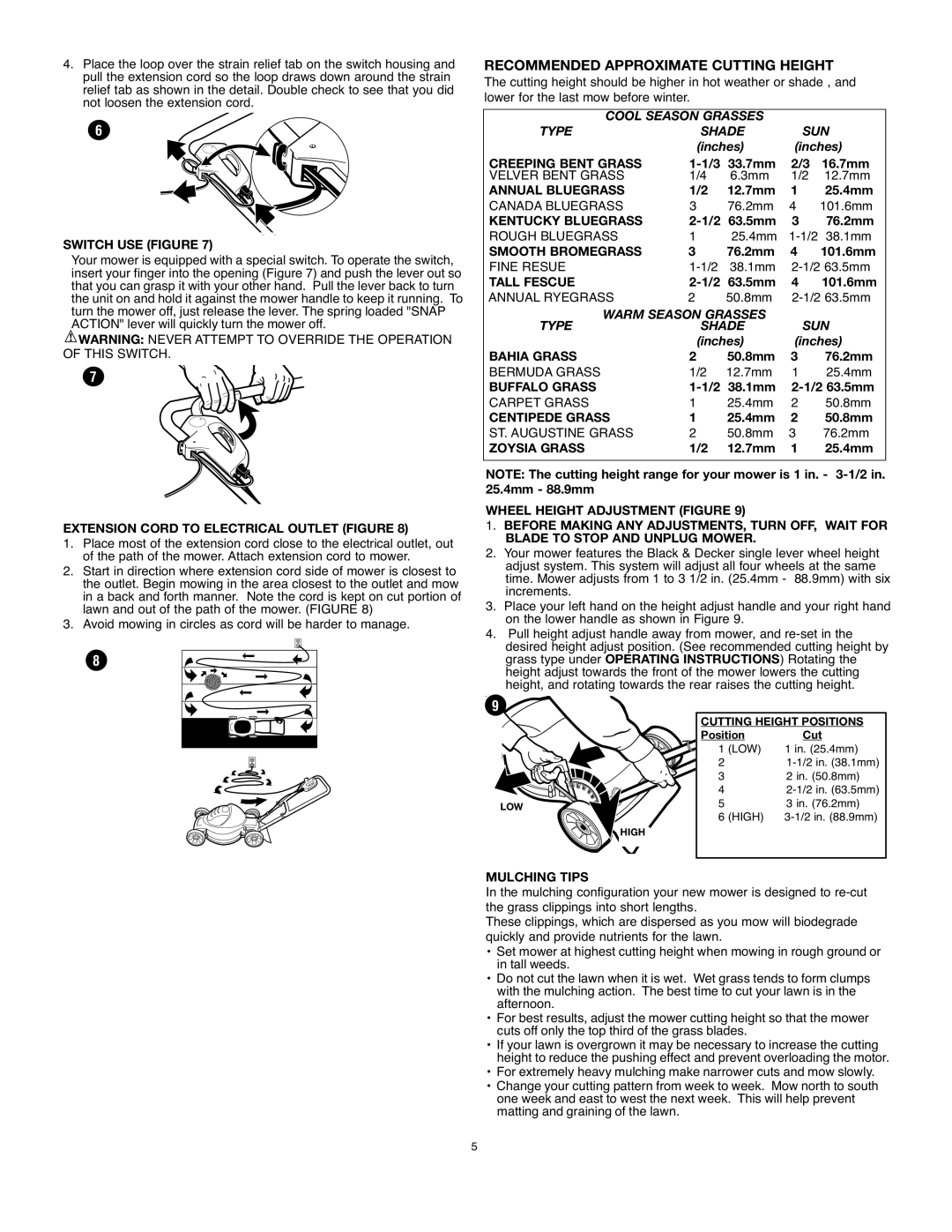 Black & Decker mm275 Recommended Approximate Cutting Height, Switch USE Figure, Extension Cord to Electrical Outlet Figure 