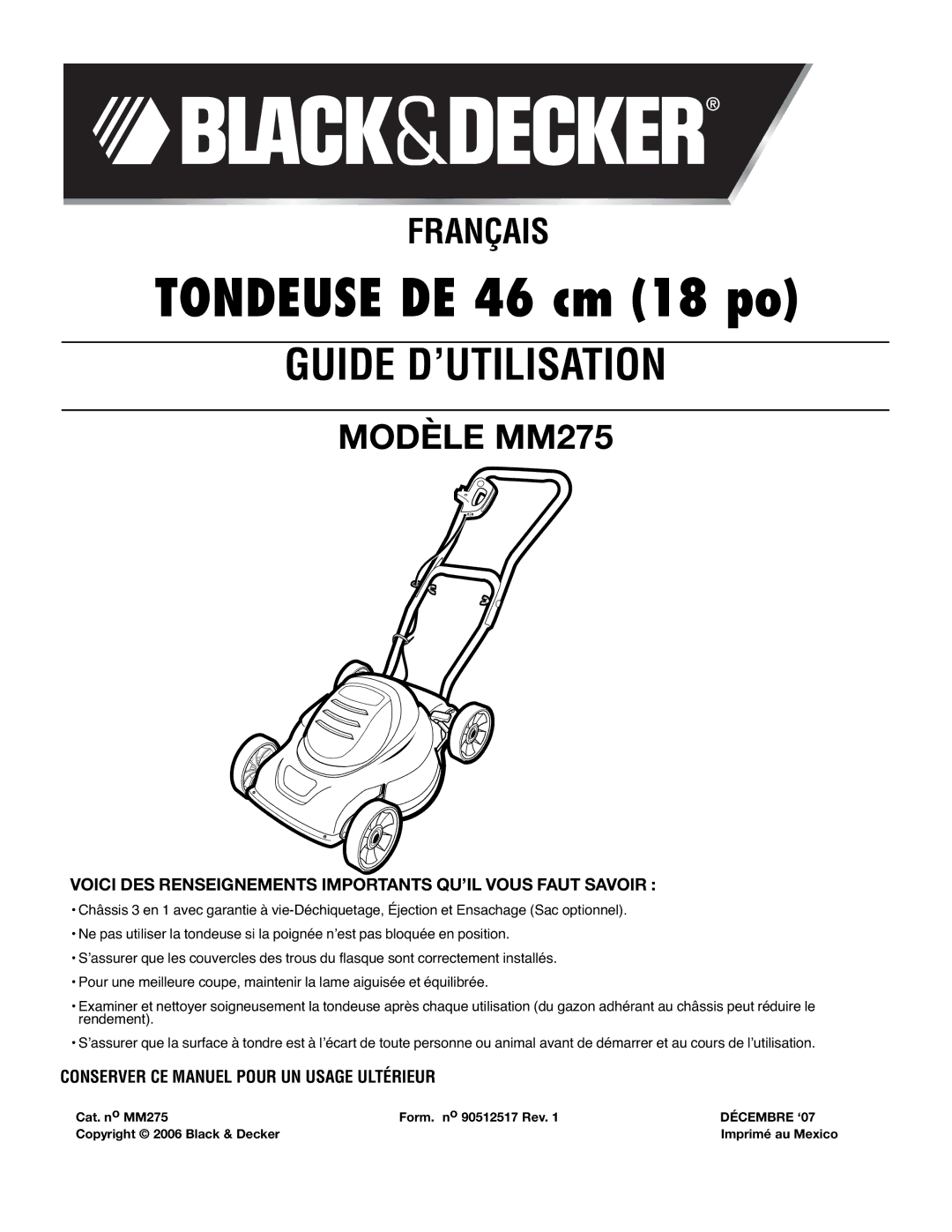 Black & Decker mm275 instruction manual Voici DES Renseignements Importants QU’IL Vous Faut Savoir, Décembre ‘07 