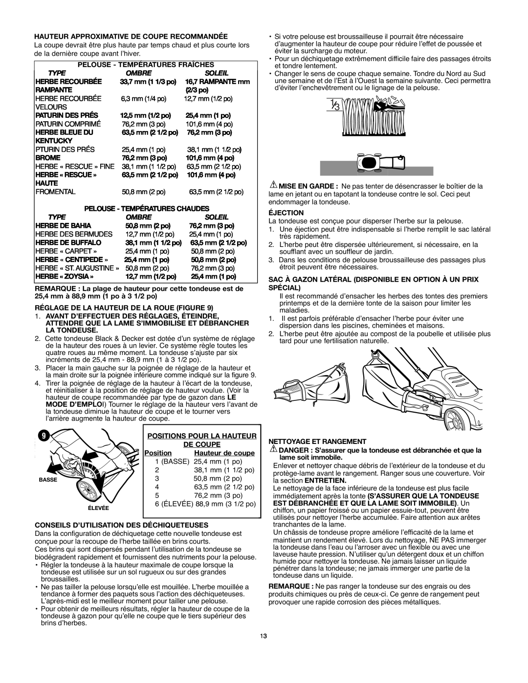 Black & Decker mm275 instruction manual Hauteur Approximative De Coupe Recommandée 