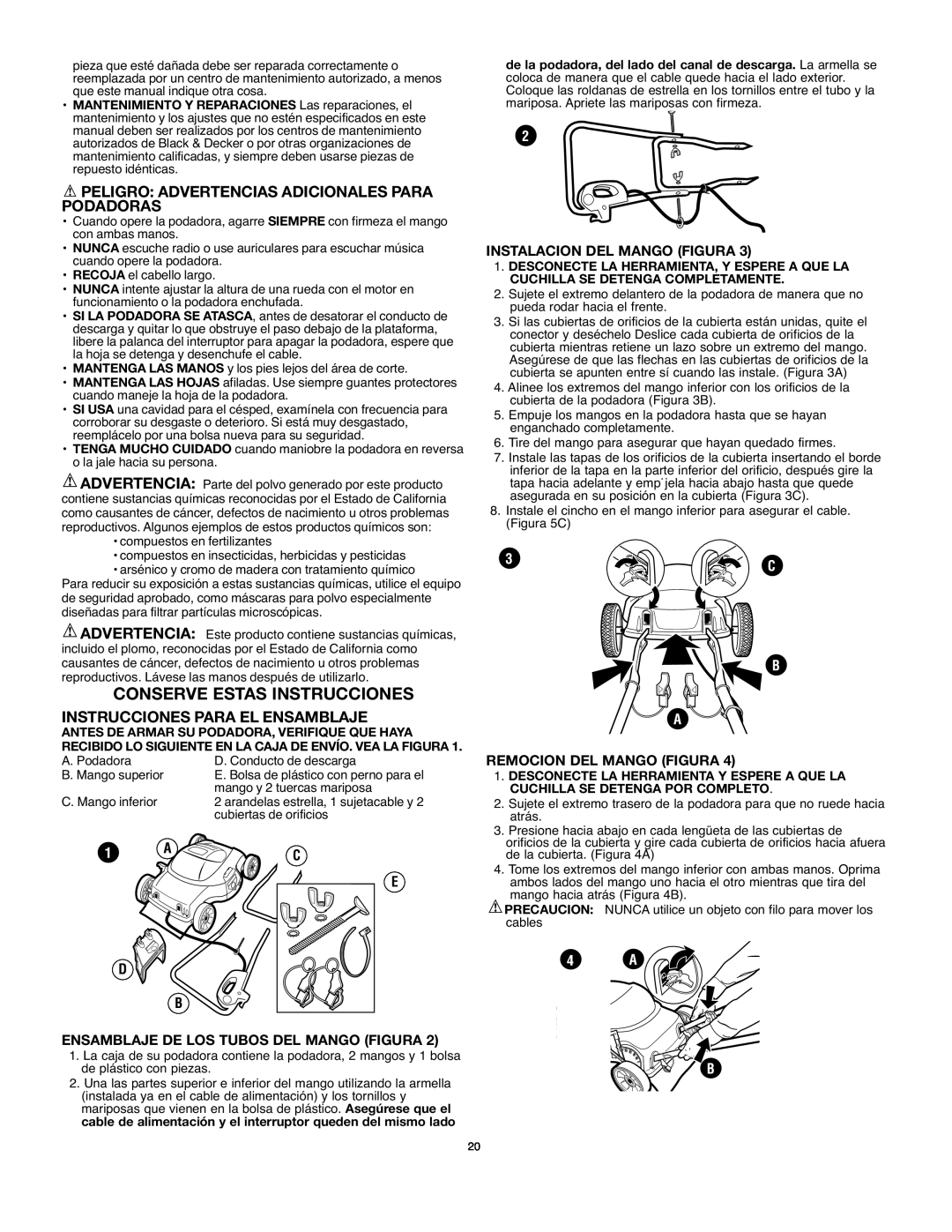 Black & Decker mm275 Conserve Estas Instrucciones, Peligro Advertencias Adicionales Para Podadoras, E D B, 4 A B 