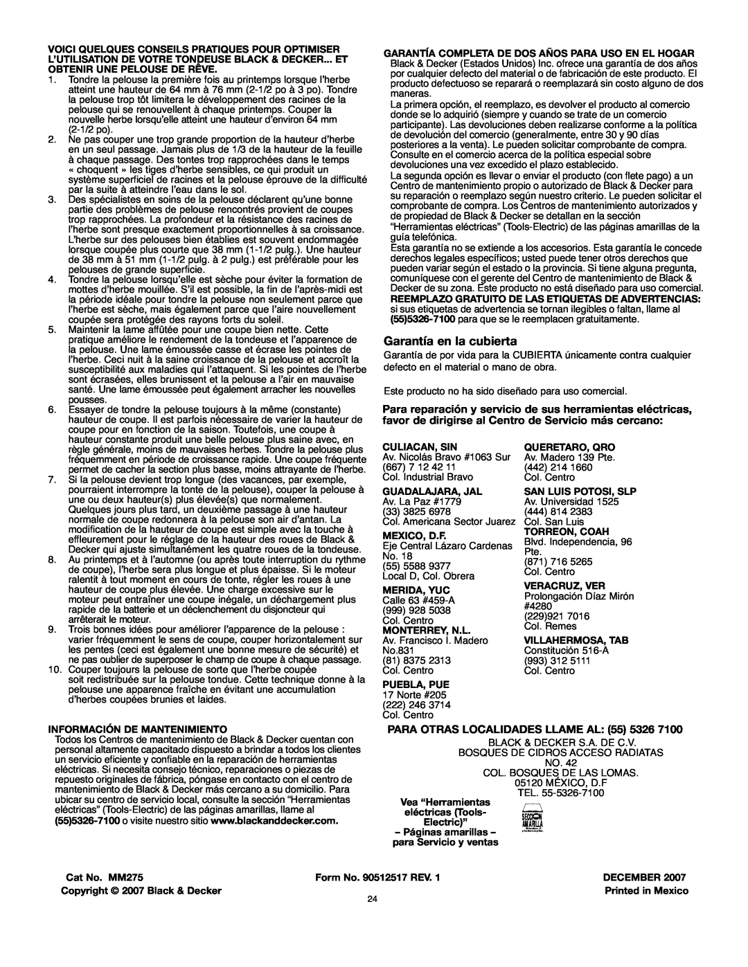 Black & Decker mm275 instruction manual Garantía en la cubierta, PARA OTRAS LOCALIDADES LLAME AL 55 