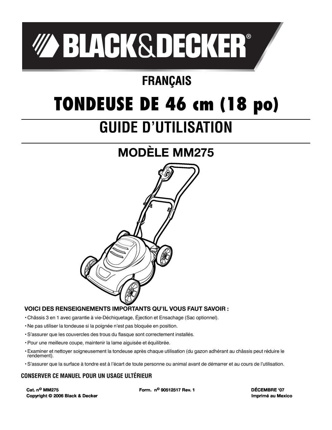 Black & Decker mm275 instruction manual TONDEUSE DE 46 cm 18 po, Guide D’Utilisation, Français, MODÈLE MM275 