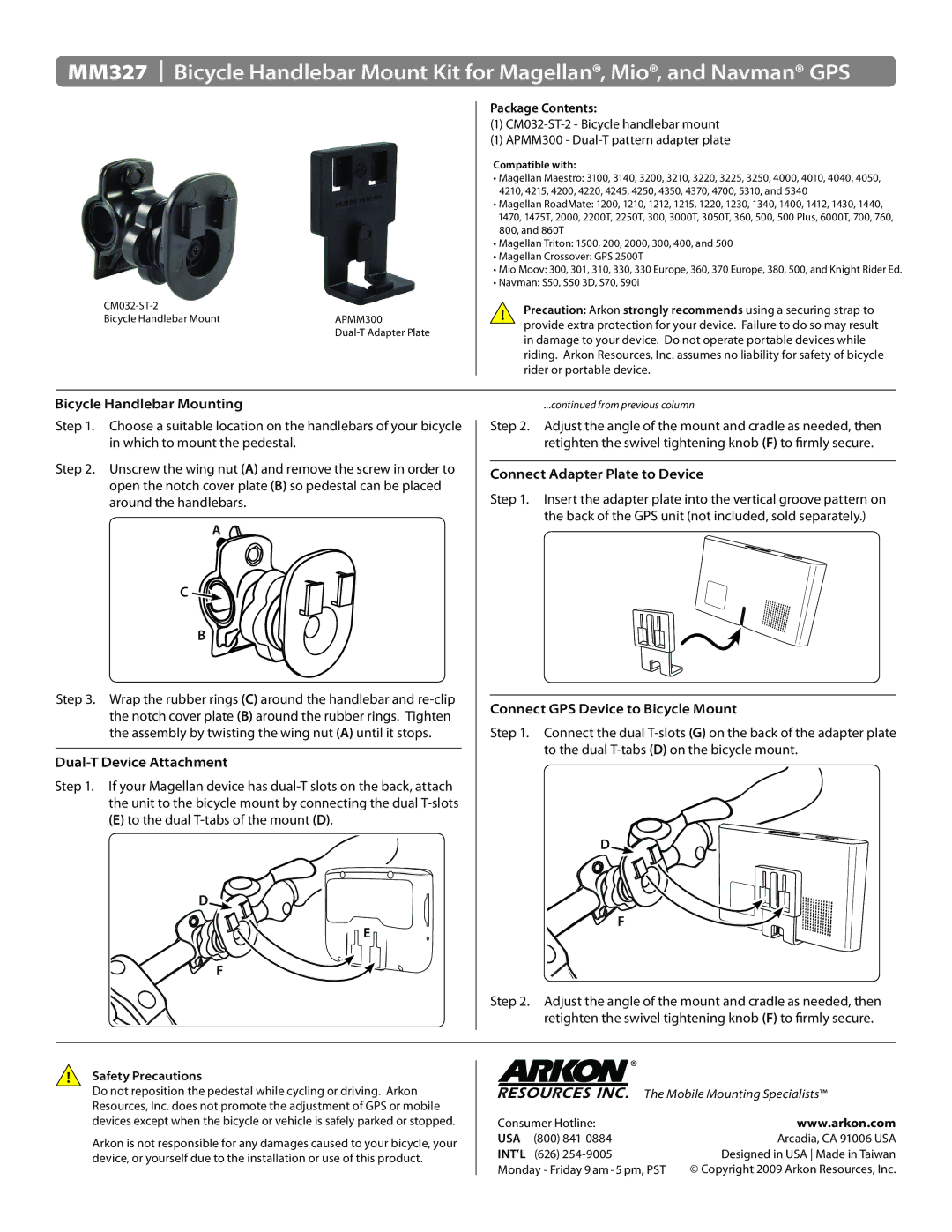 Black & Decker MM327 manual Bicycle Handlebar Mounting, Dual-T Device Attachment, To the dual T-tabs of the mount D 