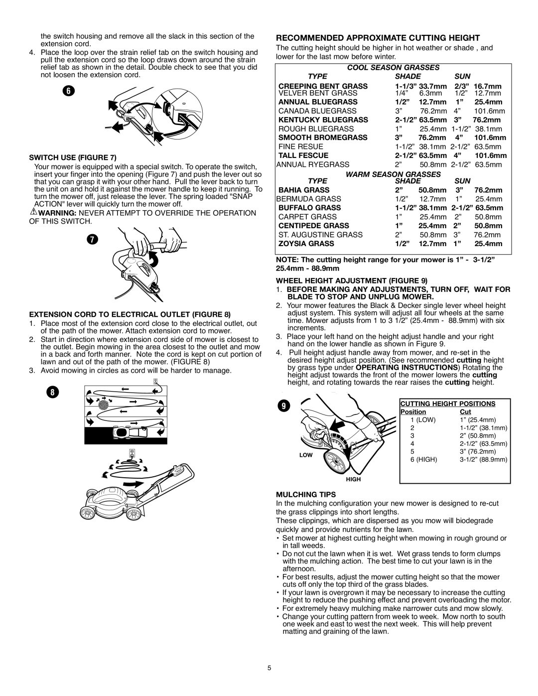 Black & Decker MM575 Recommended Approximate Cutting Height, Switch USE Figure, Extension Cord to Electrical Outlet Figure 