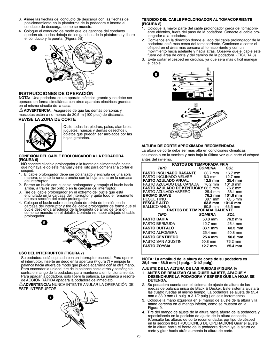 Black & Decker MM575 instruction manual Instrucciones DE Operación, Revise LA Zona DE Corte 