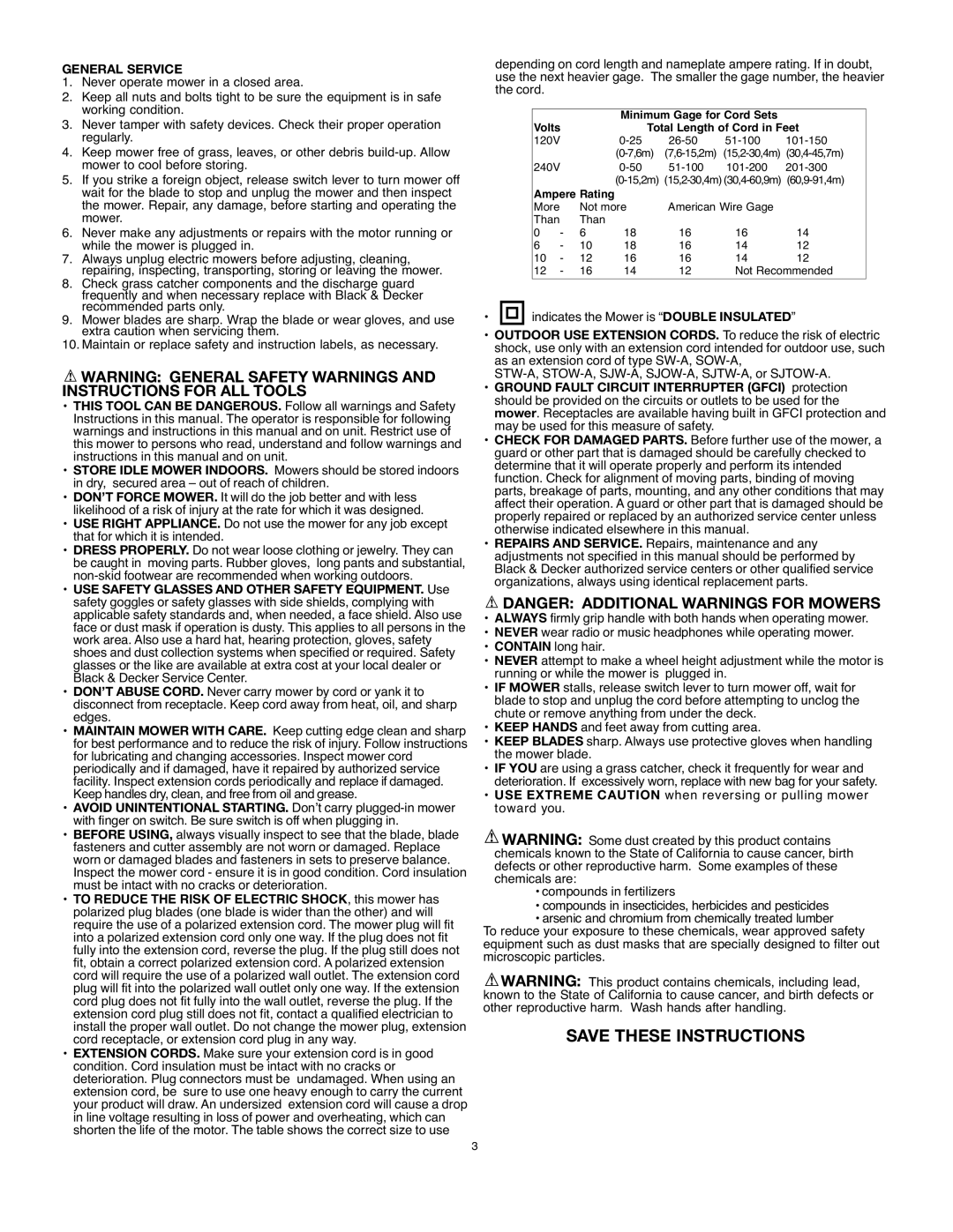 Black & Decker MM575 instruction manual General Service, Volts Total Length of Cord in Feet 