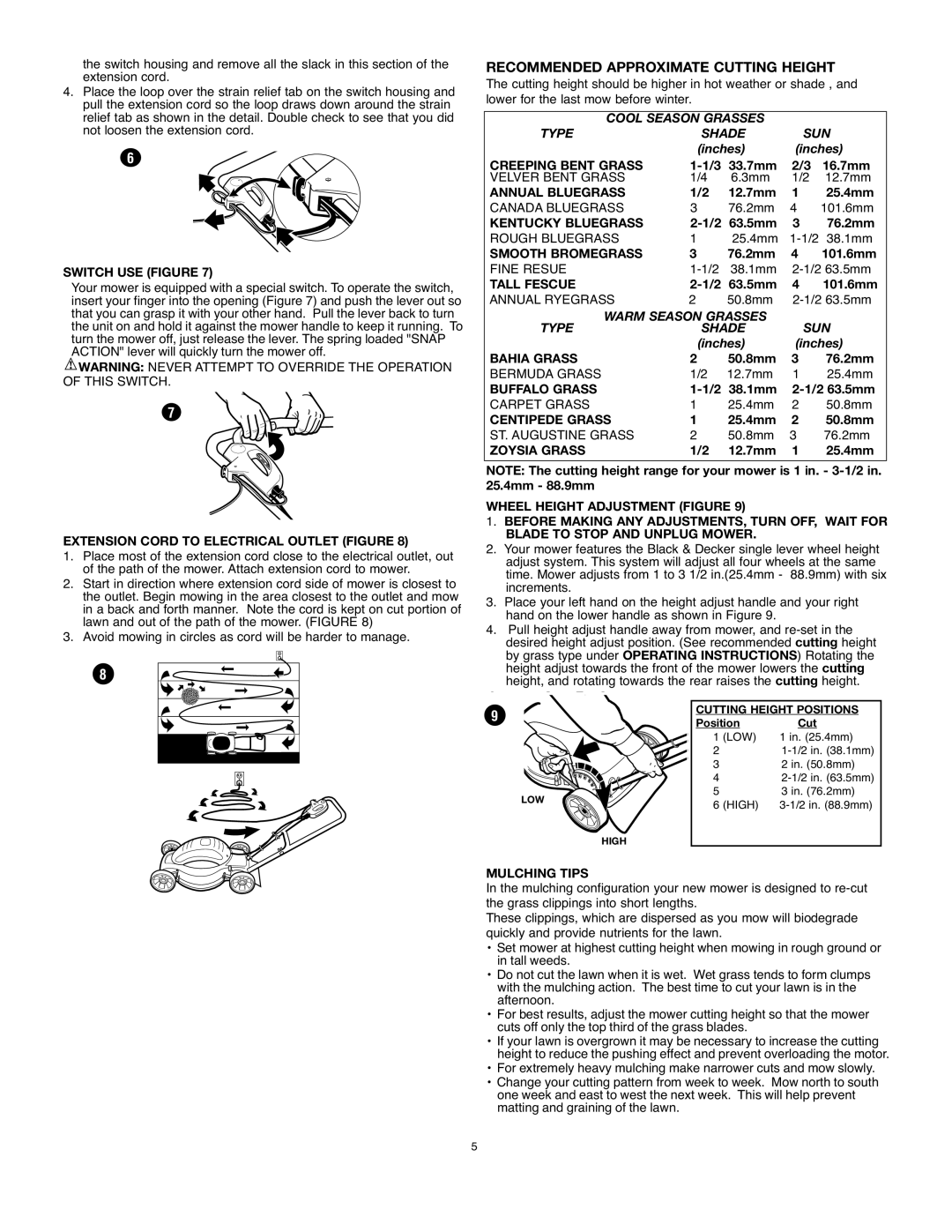 Black & Decker MM575 Recommended Approximate Cutting Height, Switch USE Figure, Extension Cord to Electrical Outlet Figure 