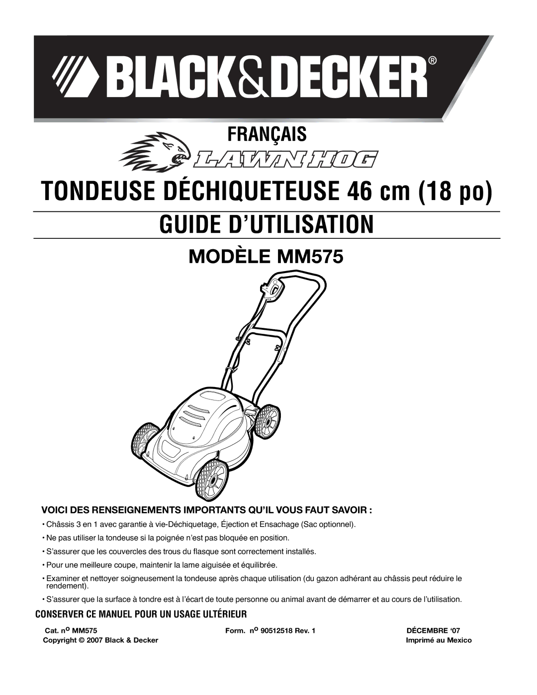 Black & Decker MM575 instruction manual Voici DES Renseignements Importants QU’IL Vous Faut Savoir, Décembre ‘07 