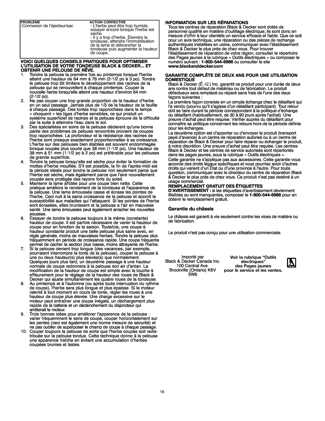 Black & Decker MM575 instruction manual Garantie du châssis, Information Sur Les Réparations 