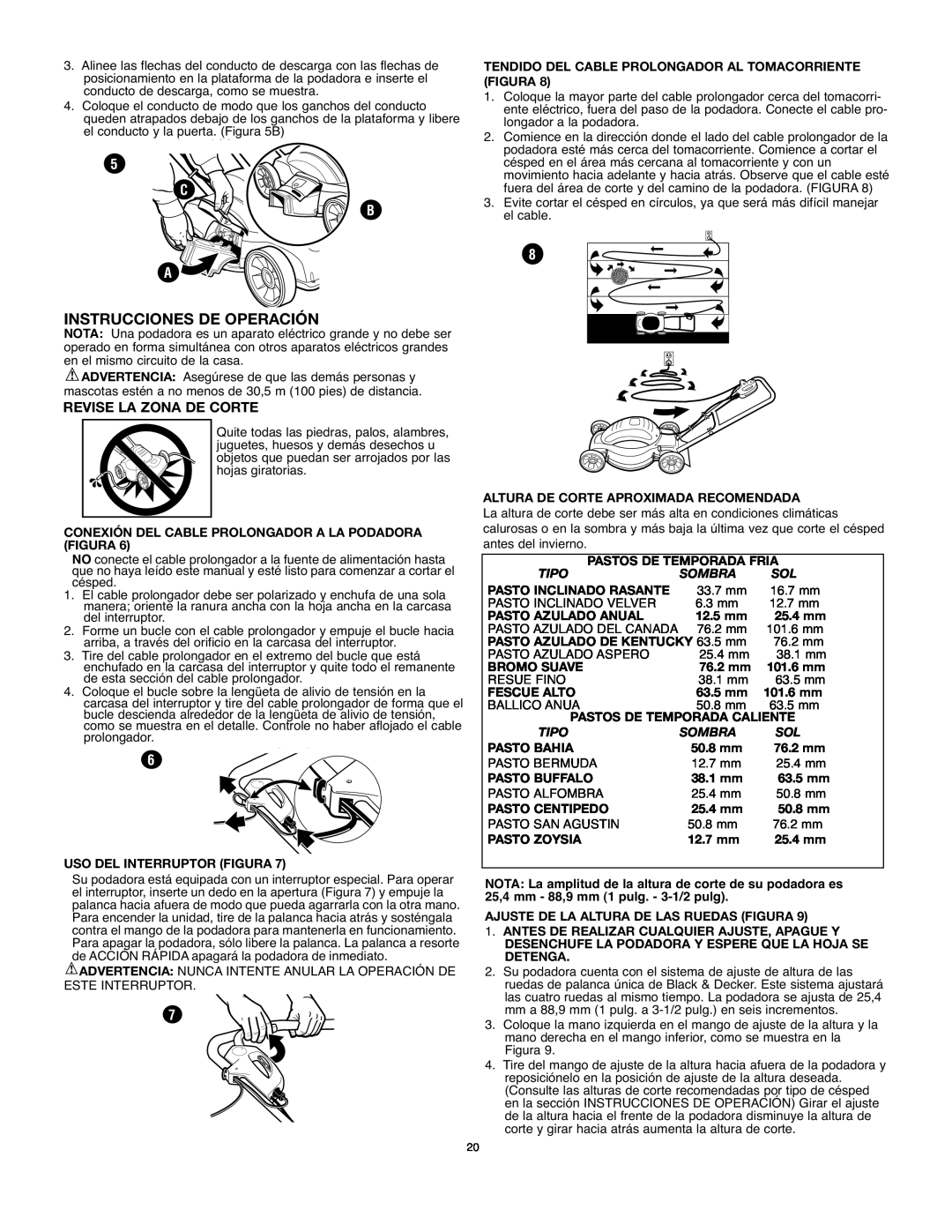 Black & Decker MM575 instruction manual Instrucciones De Operación, C B A, Revise La Zona De Corte 