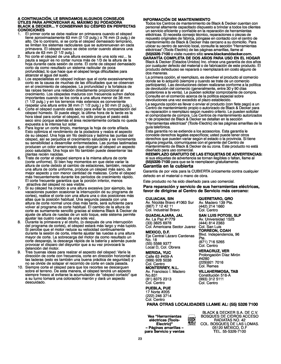 Black & Decker MM575 instruction manual Garantía en la cubierta, PARA OTRAS LOCALIDADES LLAME AL 55 5326 