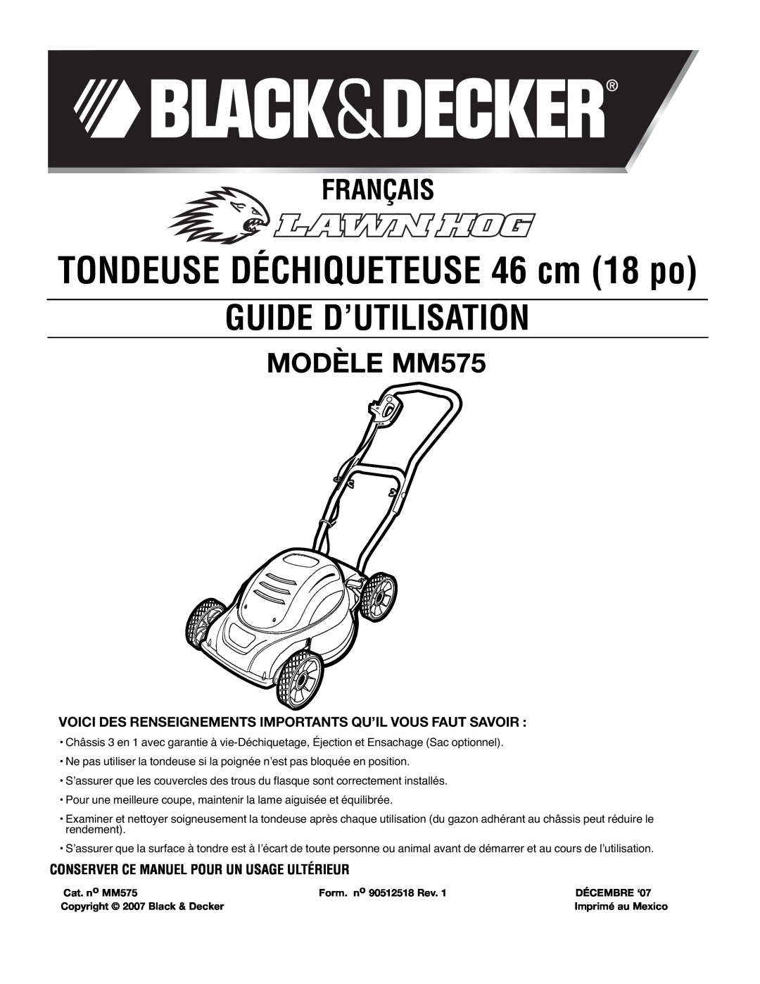 Black & Decker Guide D’Utilisation, Français, MODÈLE MM575, Voici Des Renseignements Importants Qu’Il Vous Faut Savoir 