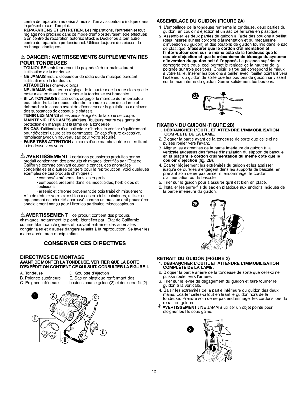 Black & Decker MM675 Conserver CES Directives, Directives DE Montage, Assemblage DU Guidon a, Fixation DU Guidon B 