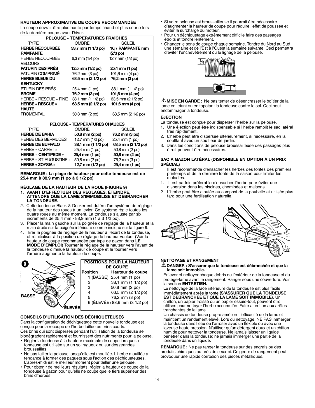 Black & Decker MM675 Hauteur Approximative DE Coupe Recommandée, Pelouse Températures Fraîches, Positions Pour LA Hauteur 