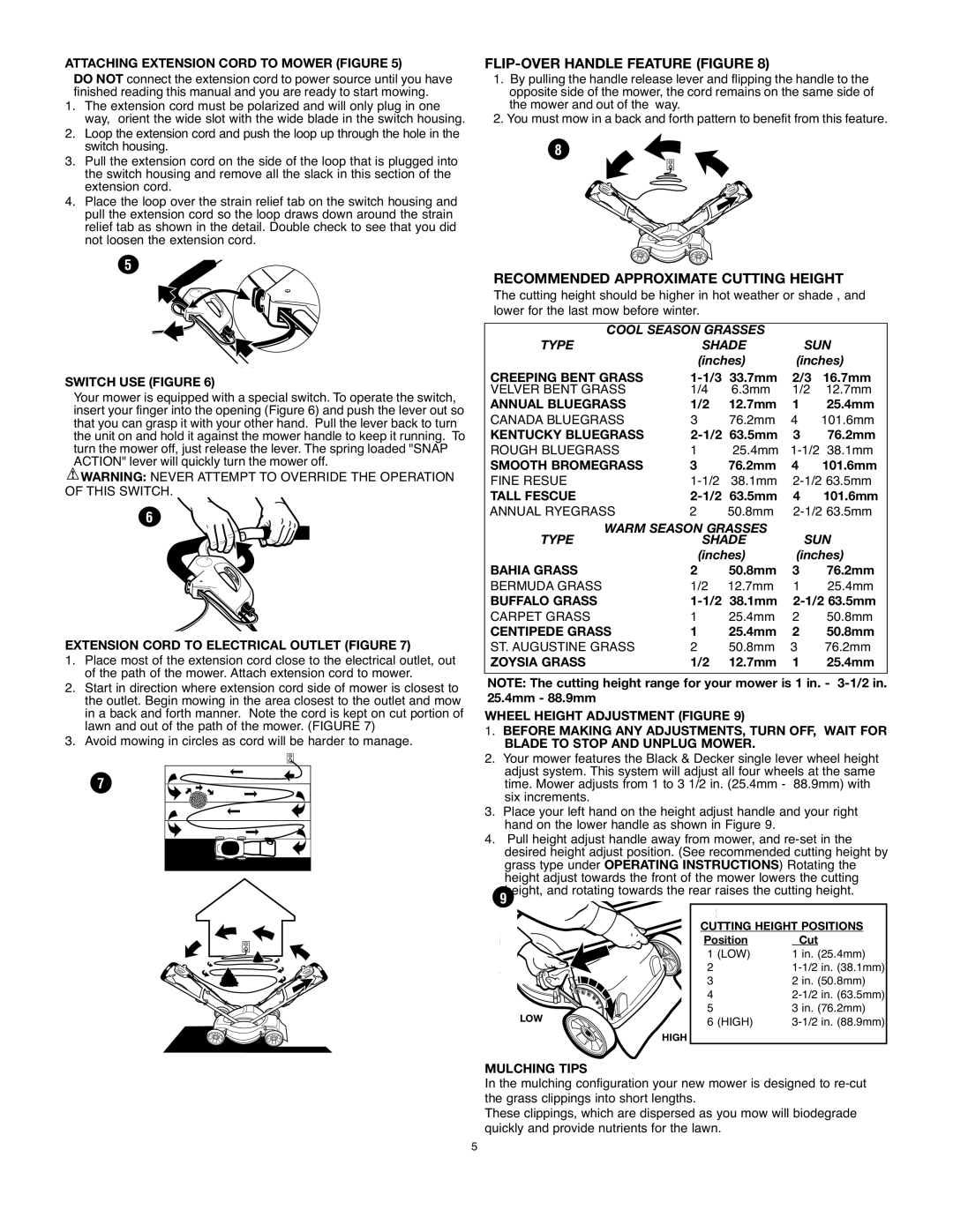 Black & Decker MM675 instruction manual FLIP-OVER Handle Feature Figure, Recommended Approximate Cutting Height 